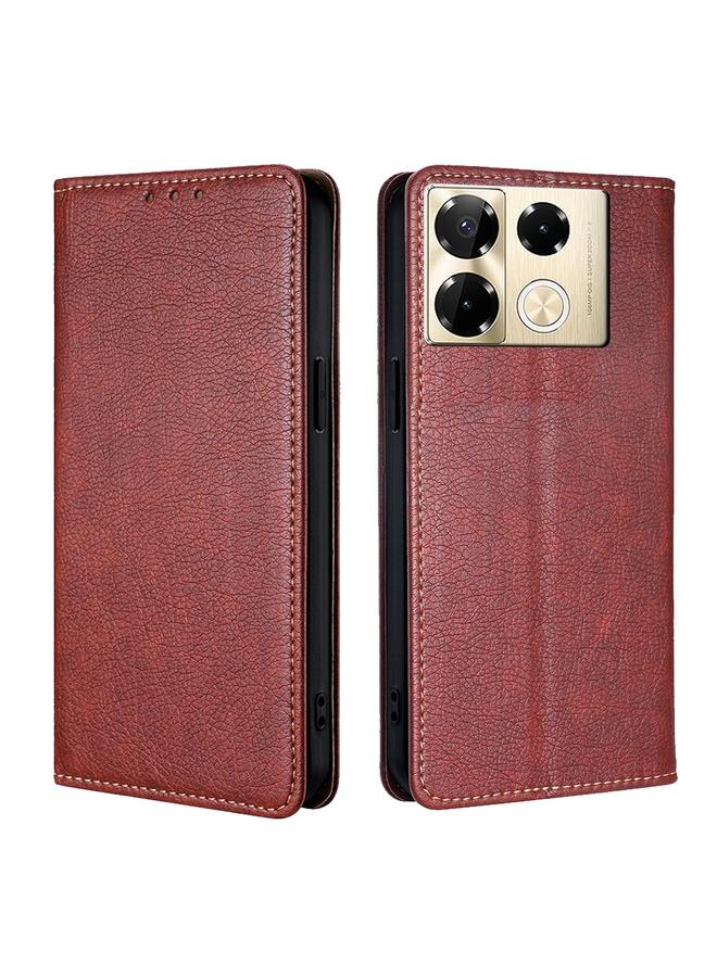 جراب هاتف جلدي مغناطيسي بلون سادة لامع لهاتف Infinix Note 40 Pro 4G (بني)
