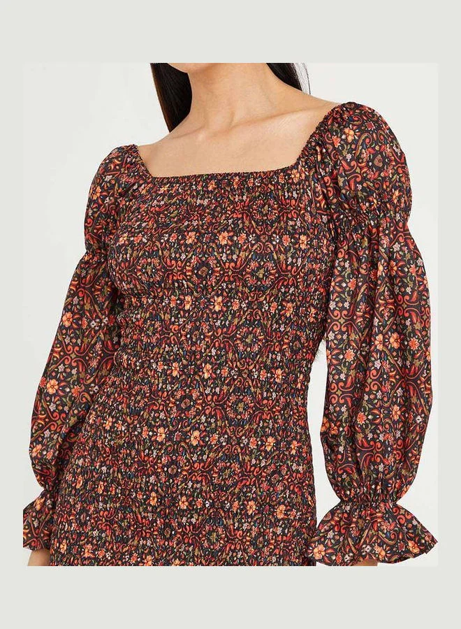 Styli Bishop Sleeves Floral Bohemian Print Bodycon Knee Length Dress