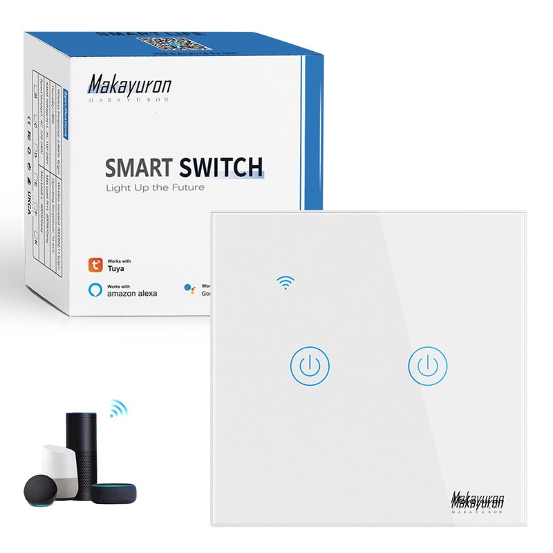 ماكايورون مفتاح لمس واي فاي Makayuron TuyaSmart (التحكم الصوتي) – التحكم الصوتي عبر Alexa و Google، التحكم المزدوج الذكي في الإضاءة عبر التطبيق، جدولة تلقائية، أسود، مجموعتان - Image 1