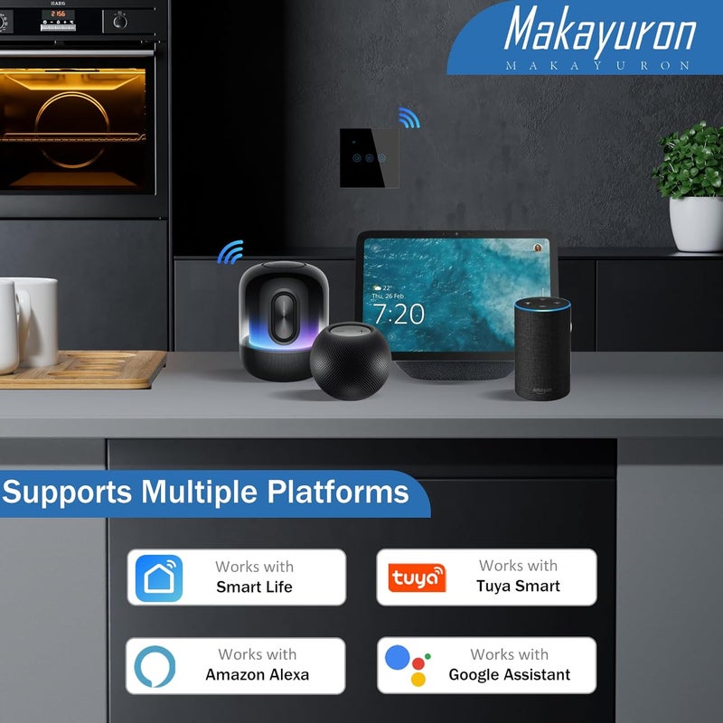 ماكايورون مفتاح لمس واي فاي Makayuron TuyaSmart (التحكم الصوتي) – التحكم الصوتي عبر Alexa و Google، التحكم المزدوج الذكي في الإضاءة عبر التطبيق، جدولة تلقائية، أسود، مجموعتان - Image 4
