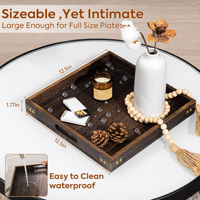 Yangbaga Serving Tray with Handles,13"*13"Wood Decorative Tray for Living Room,Modern Coffee Table Tray,Square Large Serving Platters for Home Decor,Ottoman,Bed,Kitchen,Bathroom, Breakfast,Bar - Image 2