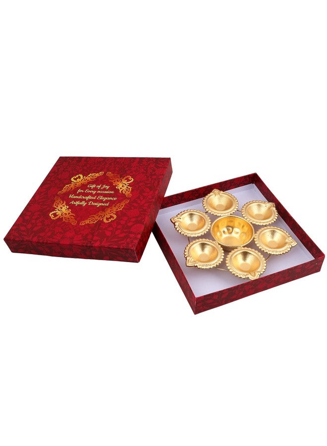 R Ayurveda Copper Diya Round Shape Flower Decorative Urli Bowl Handcrafted for Floating Flowers and T Light Candles Home,Office and Table Decor| Diwali Decoration Items (7 Inches) with 6 diyas in Gift box Return Gift - Image 1