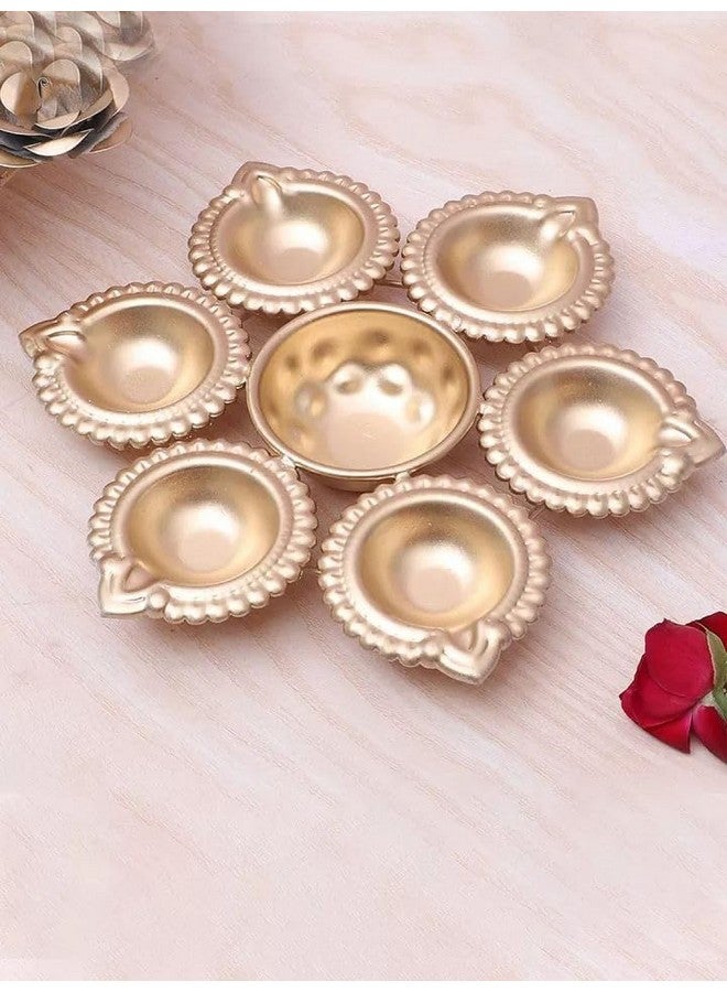 R Ayurveda Copper Diya Round Shape Flower Decorative Urli Bowl Handcrafted for Floating Flowers and T Light Candles Home,Office and Table Decor| Diwali Decoration Items (7 Inches) with 6 diyas in Gift box Return Gift - Image 5