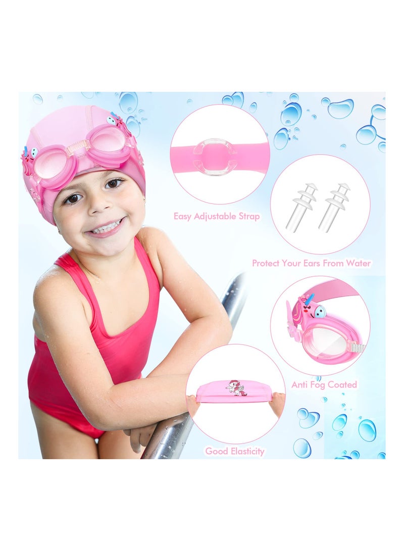 SOLARAE Kids Swim Cap and Goggles Set with Ear Plugs - Waterproof Toddler Bathing Cap for Children Ages 3-12 - Adorable Cartoon Design for Girls - Image 4