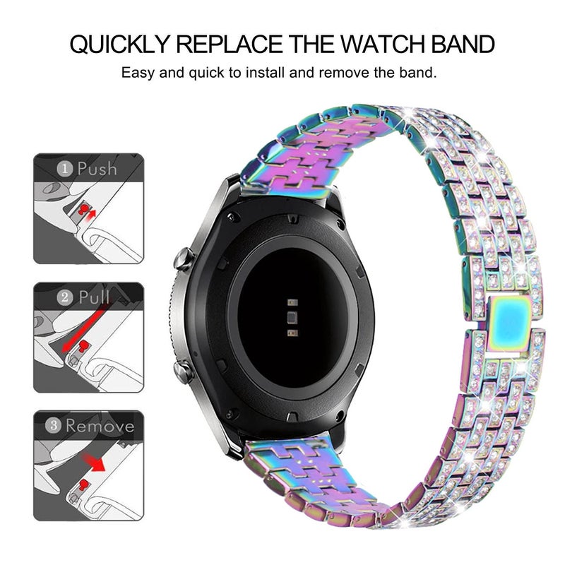 DEALELE Bands Compatible with Samsung Galaxy Watch 3 (45mm), 22mm Full Rhinestone Diamond Stainless Metal Strap with Bezel Ring Cover Replacement for Women Men (Rainbow) - Image 3