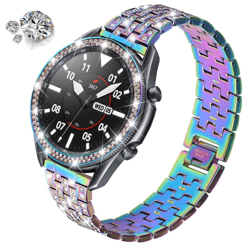 DEALELE Bands Compatible with Samsung Galaxy Watch 3 (45mm), 22mm Full Rhinestone Diamond Stainless Metal Strap with Bezel Ring Cover Replacement for Women Men (Rainbow) - Image 2