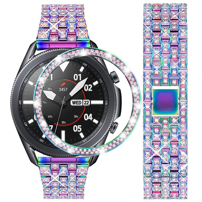 DEALELE Bands Compatible with Samsung Galaxy Watch 3 (45mm), 22mm Full Rhinestone Diamond Stainless Metal Strap with Bezel Ring Cover Replacement for Women Men (Rainbow) - Image 1