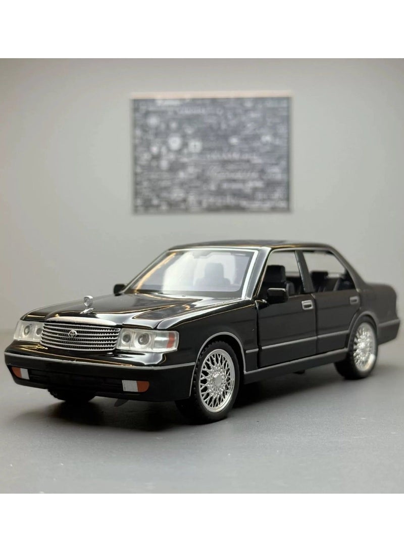 Toyota Crown model car, 1:32 scale, black color, with openable doors, hood and trunk, simulating the real car in its exterior details and interior decoration, a beautiful looking car from the old car models, useful for playing or decorating the room or office or placing it as a decoration on the shelves of the council or for lovers and enthusiasts of collecting cars or amateur artists in the manufacture of old models and old popular heritage houses or for professional photographers for advertisements or backgrounds or adding it inside a masterpiece model of an artwork or a gift for a loved one, for parents or children or a gift for someone who used to drive the same car and now owns it - Image 1
