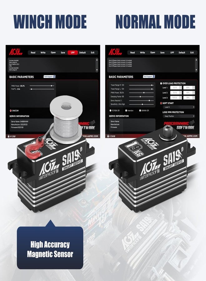 AGFRC 19KG Low-Profile Waterproof RC-Winch-Servo - 0.073s High Speed, Full CNC Metal Gear, Brushless Programmable Smart Servo with 25T Metal Winch Horn for 1/10 RC Cars, Crawlers (SA19 Winch) - Image 4