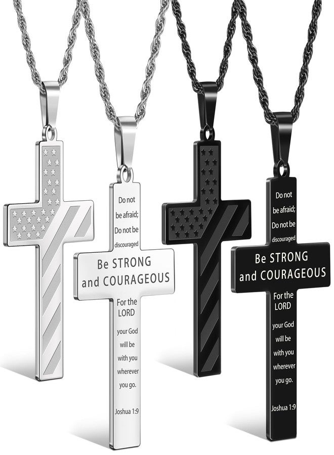 Romass 2Pcs Cross Necklace for Men Boys, American Flag Bible Verse Stainless Steel Silver Black Crosses Necklaces Pendant Chain Jewelry Box Gifts, 18+2 inches, Stainless Steel, No Gemstone - Image 1