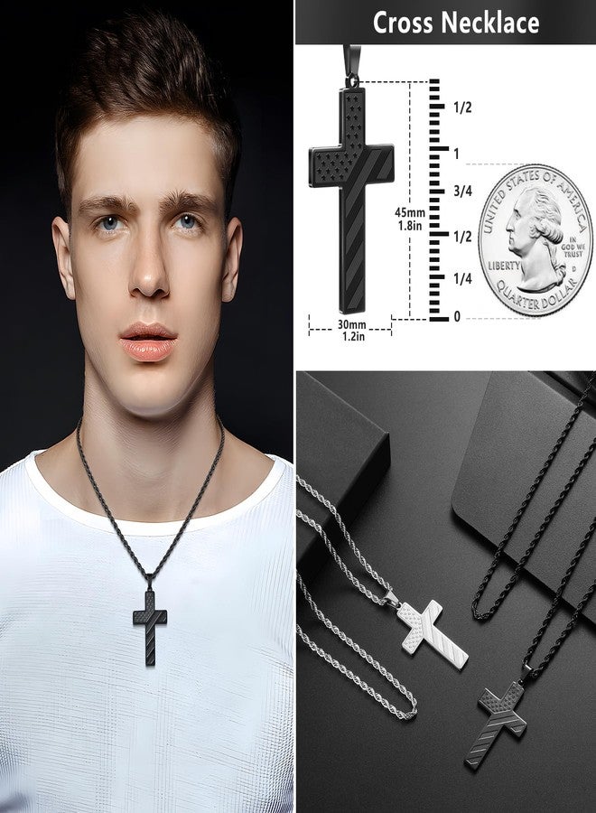 Romass 2Pcs Cross Necklace for Men Boys, American Flag Bible Verse Stainless Steel Silver Black Crosses Necklaces Pendant Chain Jewelry Box Gifts, 18+2 inches, Stainless Steel, No Gemstone - Image 5