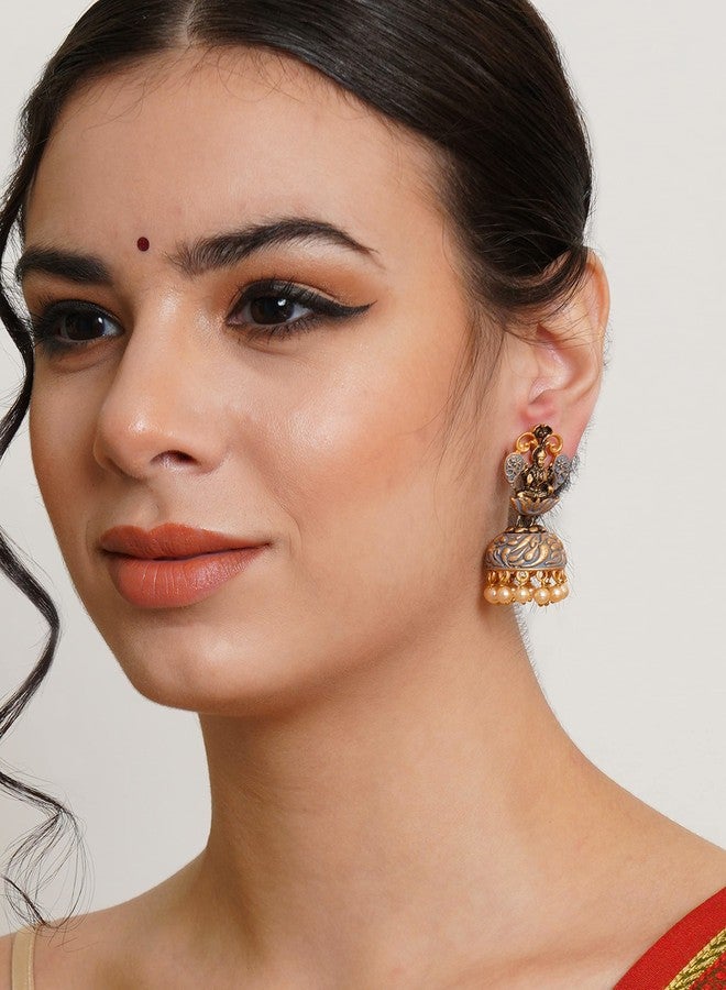 Karatcart Gold Plated Grey Meena Mata Laxmi Jhumki Earrings for Women - Image 2