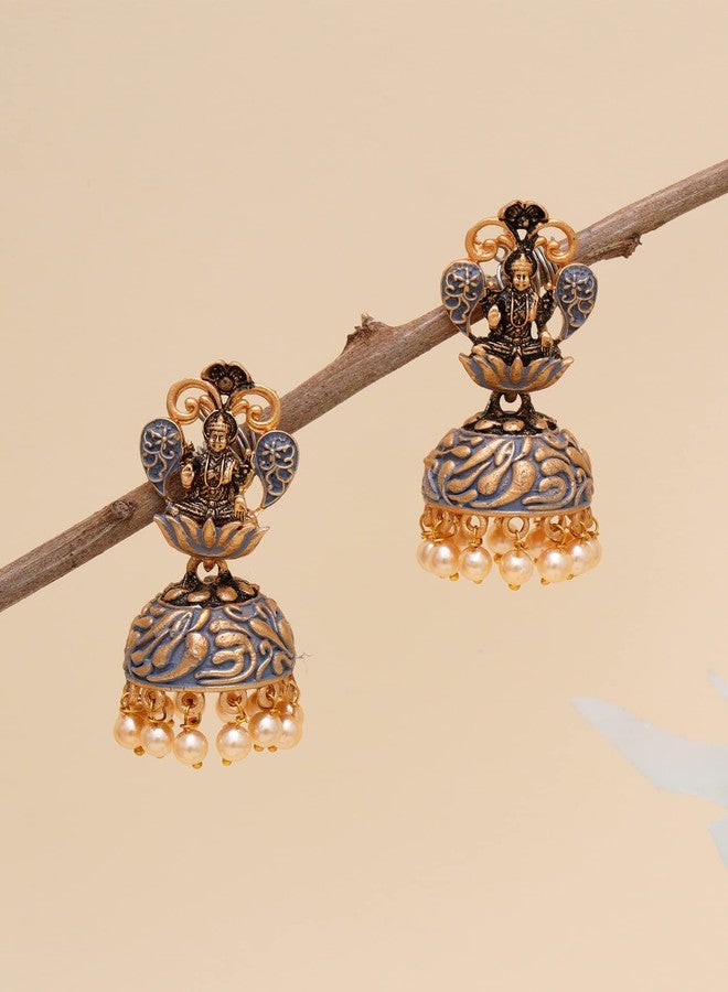 Karatcart Gold Plated Grey Meena Mata Laxmi Jhumki Earrings for Women - Image 3
