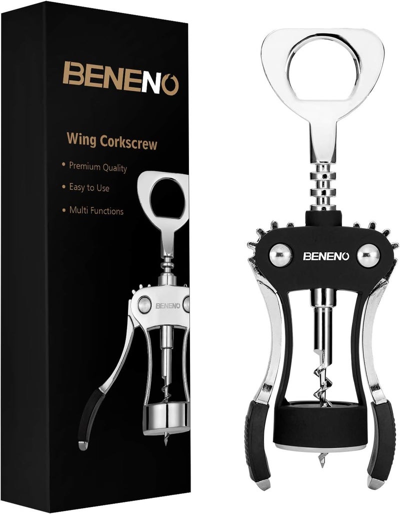 Beneno فتاحة زجاجات النبيذ ، مفتاح برغي جناحي فاخر من سبائك الزنك مع فتاحة زجاجات متعددة الوظائف، مفتاح برغي نبيذ حاد بمقبض جناحي مريح غير قابل للانزلاق، نسخة مطورة سوداء - Image 1
