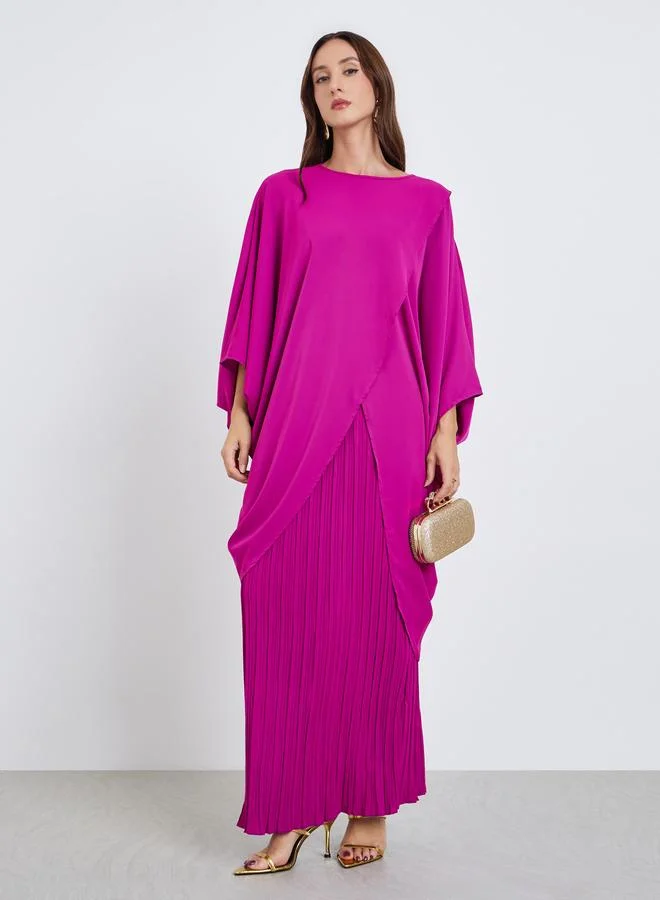 Take Two Women's Solid Round Neck Batwing Sleeve Top With Pleated Detail Maxi Skirt Set