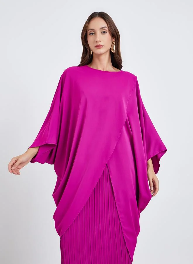 Take Two Women's Solid Round Neck Batwing Sleeve Top With Pleated Detail Maxi Skirt Set