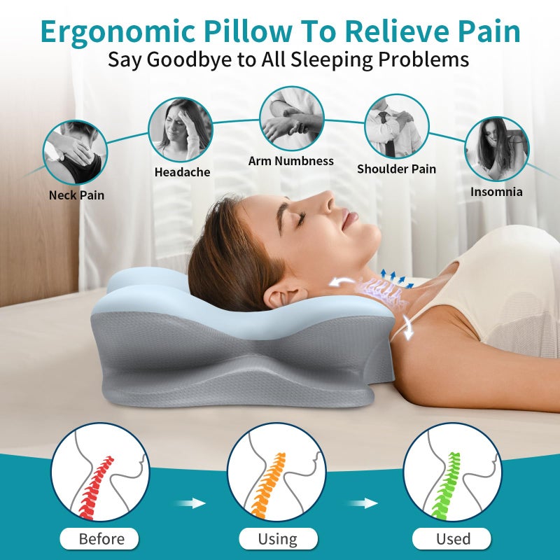 Cervical Neck Pillow for Pain Relief - Ergonomic Memory Foam Pillow with Breathable Cooling Cover (Blue) - Image 3