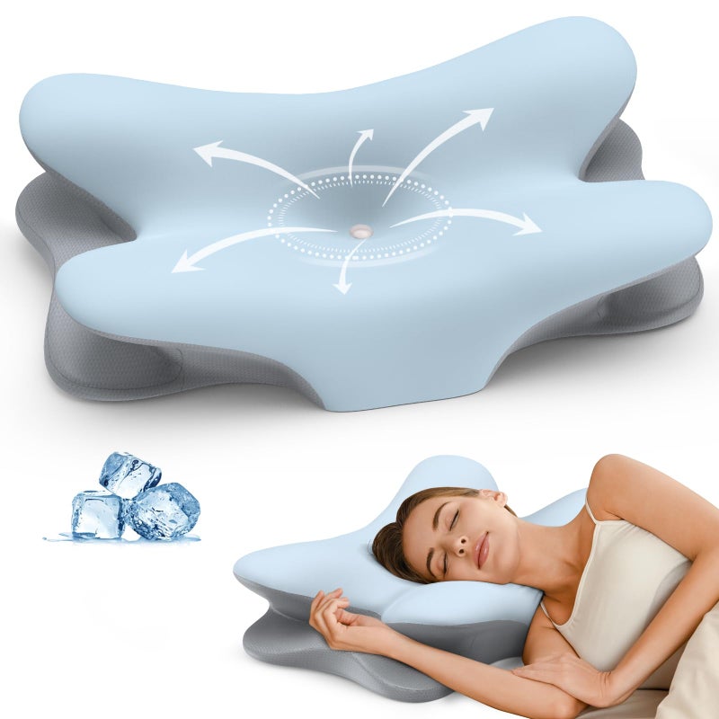 Cervical Neck Pillow for Pain Relief - Ergonomic Memory Foam Pillow with Breathable Cooling Cover (Blue) - Image 1