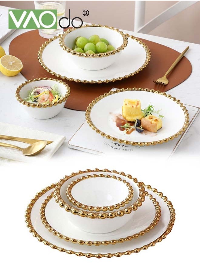 VAOdo 4PCS Kitchen Dinnerware Set Plates Dish*2PCS Bowl*2PCS Steak Plates Salad Bowls Pearl Rims Dinnerware Set  - Image 1