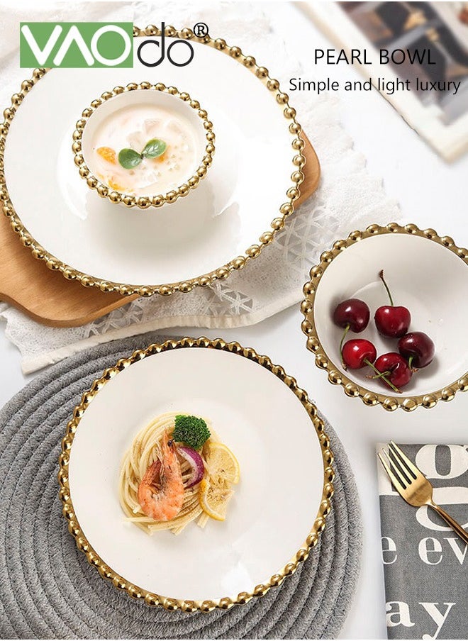 VAOdo 4PCS Kitchen Dinnerware Set Plates Dish*2PCS Bowl*2PCS Steak Plates Salad Bowls Pearl Rims Dinnerware Set  - Image 5