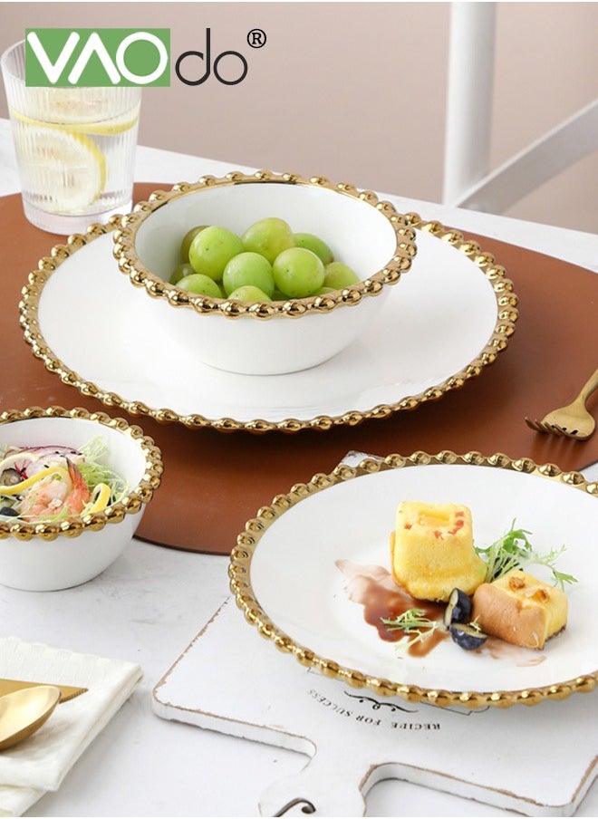 VAOdo 4PCS Kitchen Dinnerware Set Plates Dish*2PCS Bowl*2PCS Steak Plates Salad Bowls Pearl Rims Dinnerware Set  - Image 3