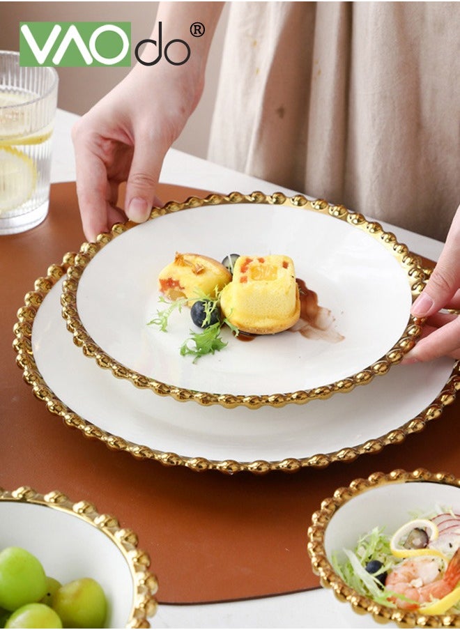 VAOdo 4PCS Kitchen Dinnerware Set Plates Dish*2PCS Bowl*2PCS Steak Plates Salad Bowls Pearl Rims Dinnerware Set  - Image 4