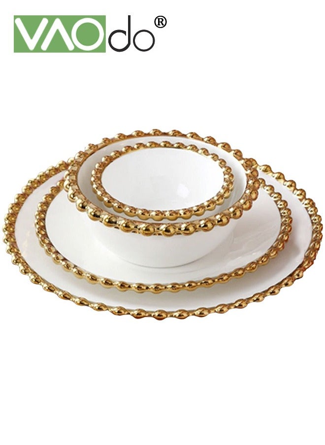 VAOdo 4PCS Kitchen Dinnerware Set Plates Dish*2PCS Bowl*2PCS Steak Plates Salad Bowls Pearl Rims Dinnerware Set  - Image 2