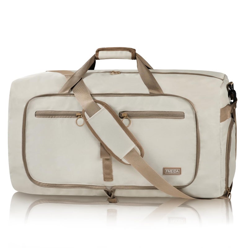 Fmeida 65L Duffle Bag with Shoes Compartment, Foldable Travel Duffel Bags for Men Women, Large Packable Travel Bag Water Repellent & Tear Resistant (Beige) - Image 1