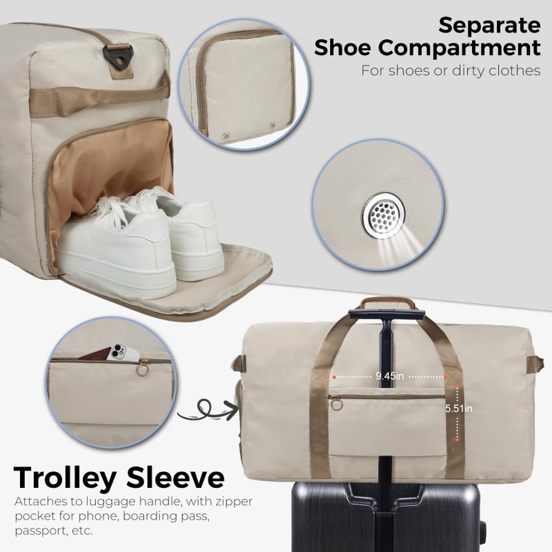 Fmeida 65L Duffle Bag with Shoes Compartment, Foldable Travel Duffel Bags for Men Women, Large Packable Travel Bag Water Repellent & Tear Resistant (Beige) - Image 5