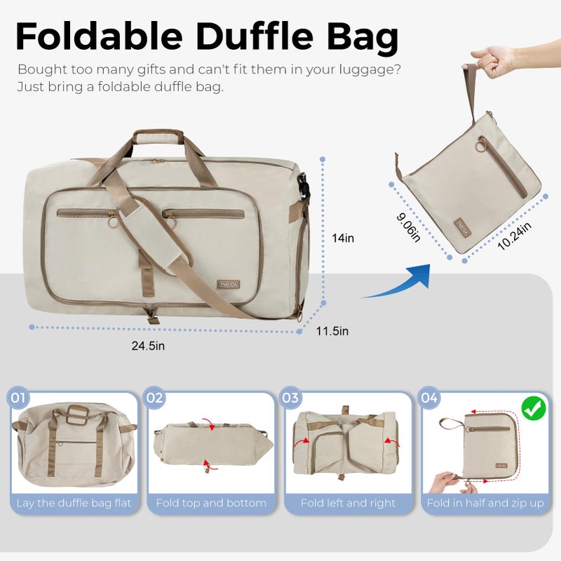 Fmeida 65L Duffle Bag with Shoes Compartment, Foldable Travel Duffel Bags for Men Women, Large Packable Travel Bag Water Repellent & Tear Resistant (Beige) - Image 3