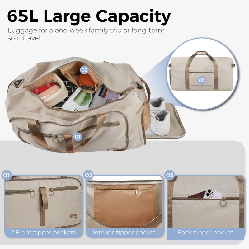 Fmeida 65L Duffle Bag with Shoes Compartment, Foldable Travel Duffel Bags for Men Women, Large Packable Travel Bag Water Repellent & Tear Resistant (Beige) - Image 4