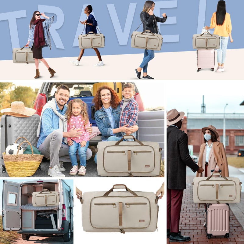 Fmeida 65L Duffle Bag with Shoes Compartment, Foldable Travel Duffel Bags for Men Women, Large Packable Travel Bag Water Repellent & Tear Resistant (Beige) - Image 2