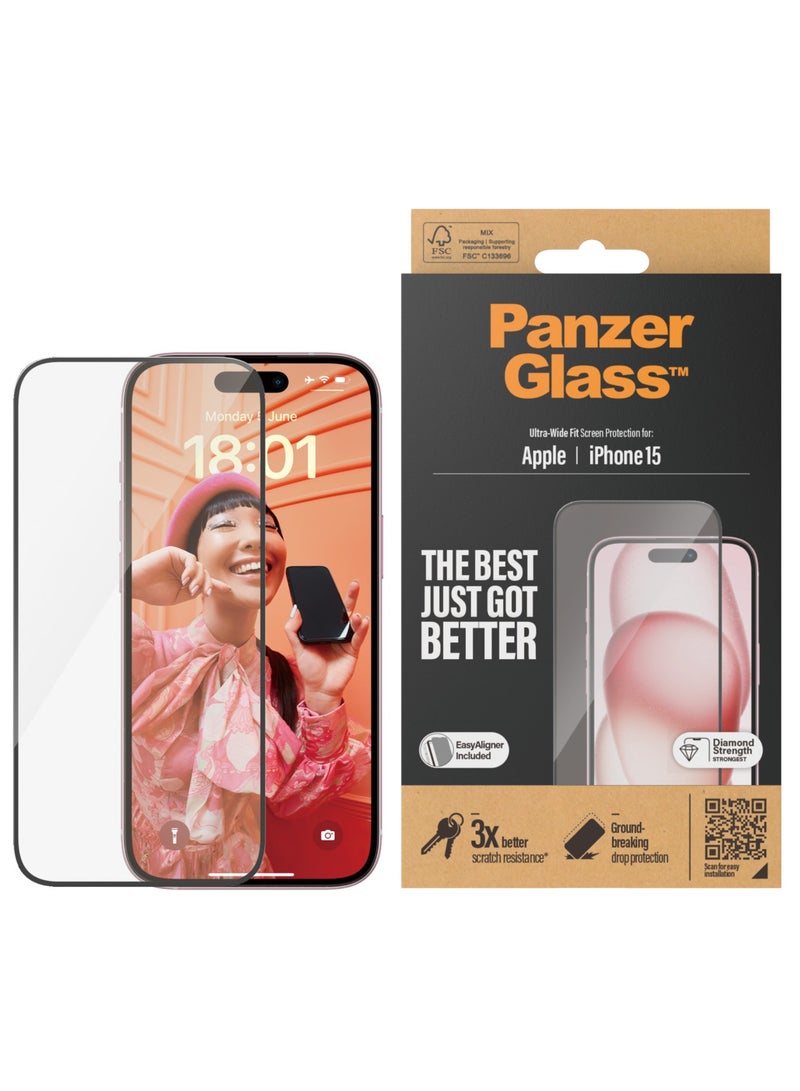 PanzerGlass واقي شاشة مقاوم للخدش PanzerGlass™ لهاتف Apple iPhone 15 - مقاس واسع للغاية وشاشة شفافة للغاية ومقاومة للصدمات وحماية من السقوط مع مساعدة في التركيب لسهولة التركيب - Image 1