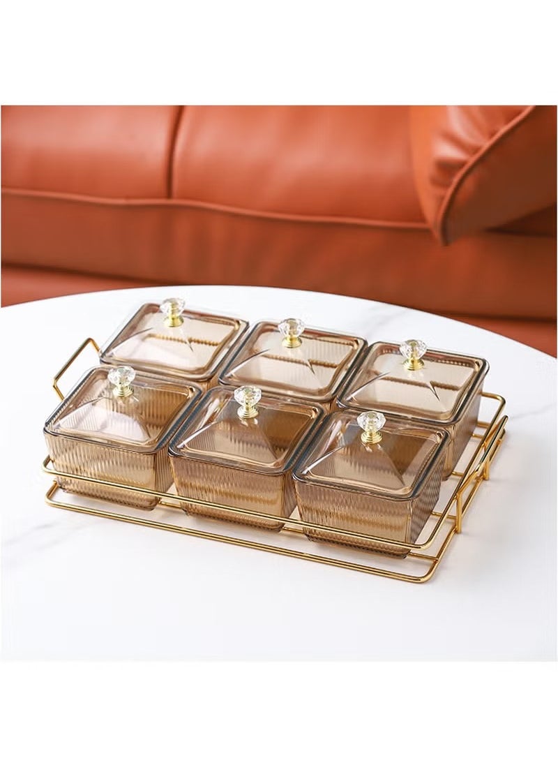 Arabest Snack Serving Tray with Lid 6 Clear Candy and Nut Serving Container set with Metal Rack, Plastic Appetizer Platter Relish Storage Organizer Plate Food Display Bowls for Vegetables Candy Fruit Dips  - Image 1