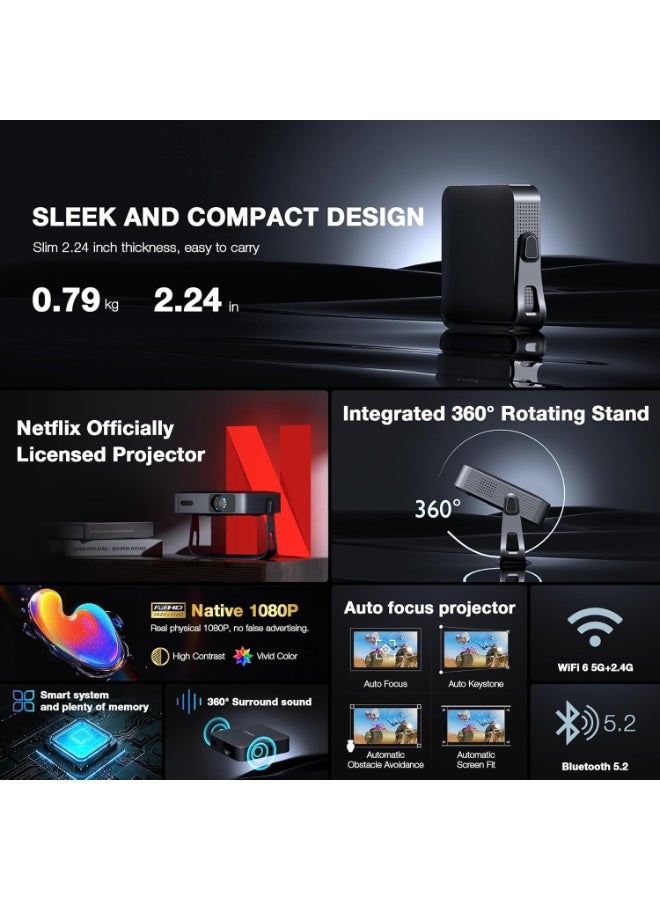 Smart Mini Projector with WiFi and Bluetooth, Auto Focus & Keystone Portable Outdoor Projector, 4K Support Home Movie Projector(black) - Image 2