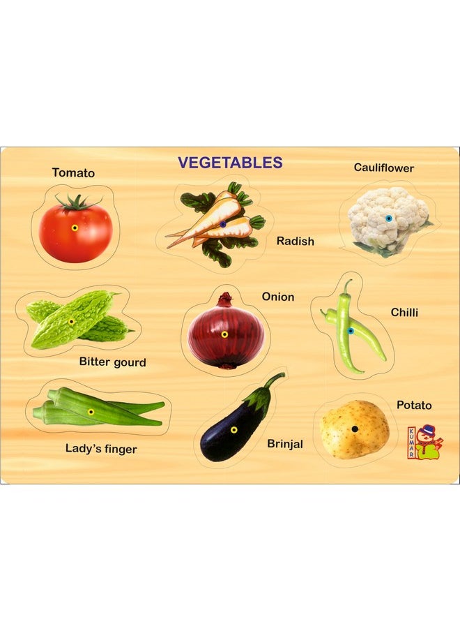 Negi - Negi Wooden Vegetables Puzzle with Picture Educational Board for Kids 9 Differet Vegetables with Knobs | Early Educational Learning Wooden Peg Puzzle Board for Kids, Children Boys & Girls - Image 1