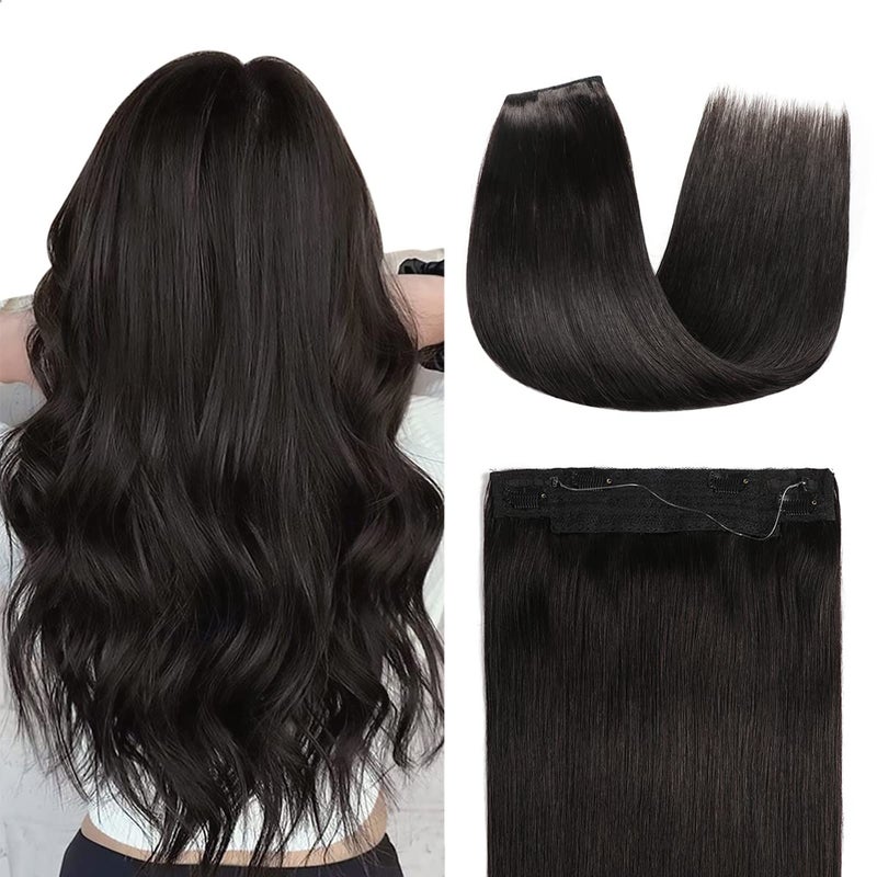 YILITE Wire Hair Extensions Human Hair One Piece Invisible Headband Wire hair 100 Remy Human Hair Silky Straight clip in Hair 1B Off Black 14 inches 80g Invisible Fish Line with 4 Clips