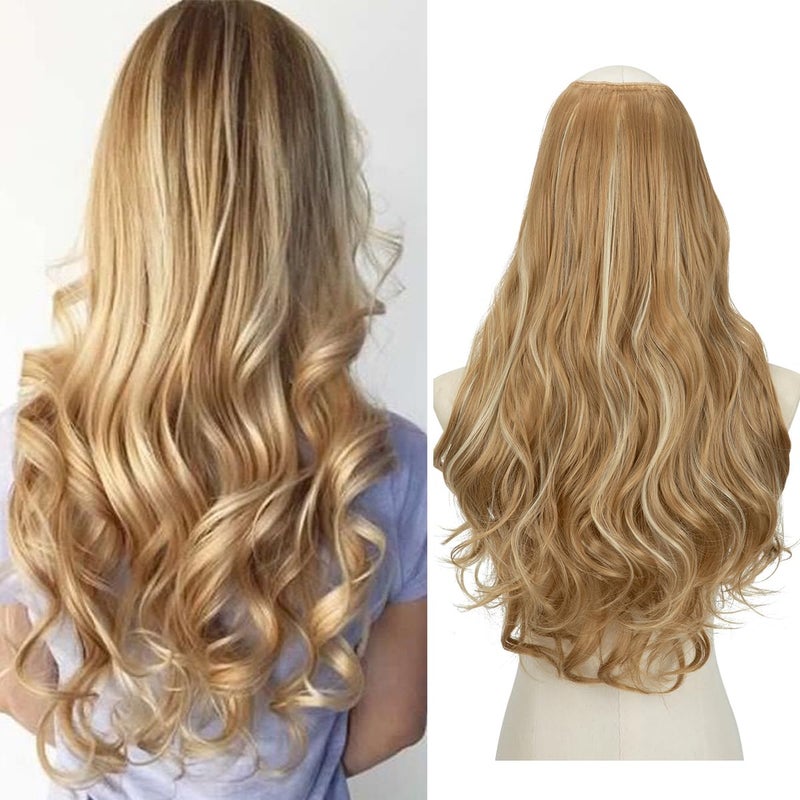 SARLA Clip in U Part Hair Extensions Synthetic Long Wavy Curly Thick Full Head Hairpiece for Women Honey Blonde/Bleach Blonde Highlights 24 Inch