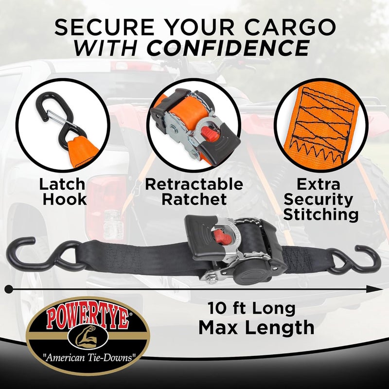 PowerTye - 2 inch x 10ft Long Retractable Ratchet Tie Down Strap with Latch-Hooks - Self-Retracting Ratchet, 800 lb W.L.L., Ideal for Motorcycle, ATV, Cargo, Includes Bag & Soft-Tyes, Black (Pair) - Image 3