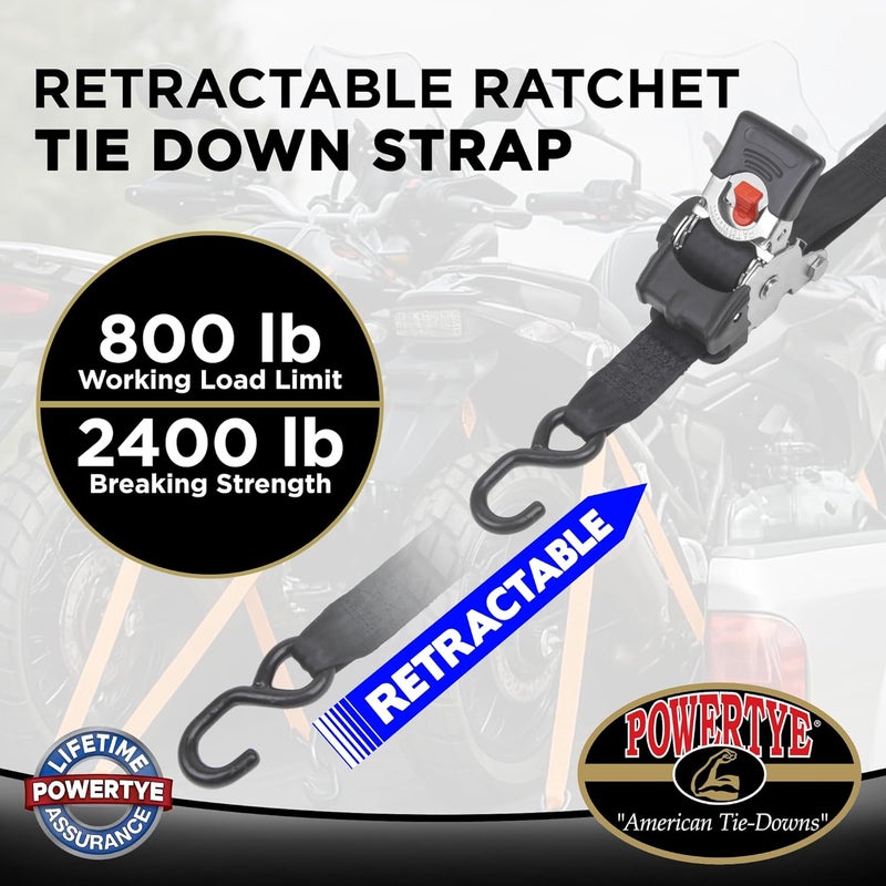 PowerTye - 2 inch x 10ft Long Retractable Ratchet Tie Down Strap with Latch-Hooks - Self-Retracting Ratchet, 800 lb W.L.L., Ideal for Motorcycle, ATV, Cargo, Includes Bag & Soft-Tyes, Black (Pair) - Image 2