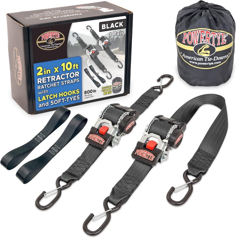 PowerTye - 2 inch x 10ft Long Retractable Ratchet Tie Down Strap with Latch-Hooks - Self-Retracting Ratchet, 800 lb W.L.L., Ideal for Motorcycle, ATV, Cargo, Includes Bag & Soft-Tyes, Black (Pair) - Image 1