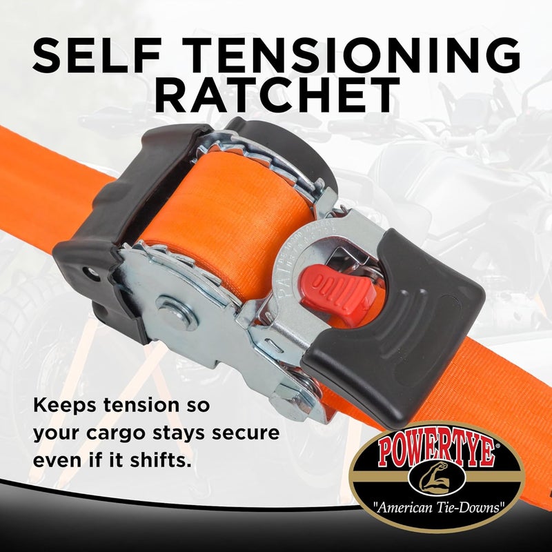 PowerTye - 2 inch x 10ft Long Retractable Ratchet Tie Down Strap with Latch-Hooks - Self-Retracting Ratchet, 800 lb W.L.L., Ideal for Motorcycle, ATV, Cargo, Includes Bag & Soft-Tyes, Black (Pair) - Image 5