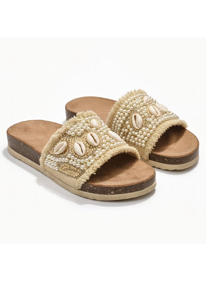 Women's slippers adorned with pearls and natural shells – summer slippers with a comfortable suede sole – stylish design for outings and casual wear - Image 2