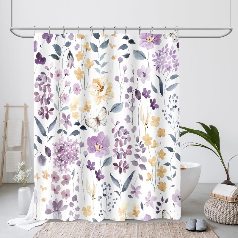 MAYZUS Purple Lavender Cute Floral Shower Curtain, Spring Summer Flower Fabric Shower Curtains for Bathroom, Watercolor Wildflower Butterfly Cloth Shower Curtain Set with Hooks, 72x72 - Image 2