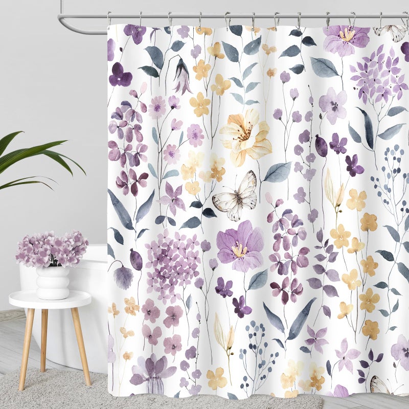 MAYZUS Purple Lavender Cute Floral Shower Curtain, Spring Summer Flower Fabric Shower Curtains for Bathroom, Watercolor Wildflower Butterfly Cloth Shower Curtain Set with Hooks, 72x72 - Image 1