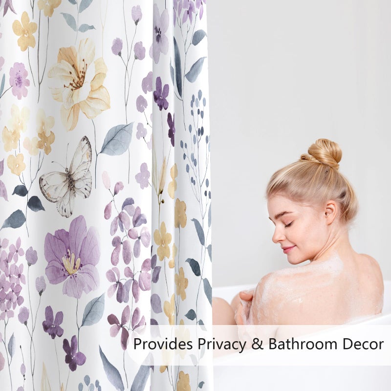 MAYZUS Purple Lavender Cute Floral Shower Curtain, Spring Summer Flower Fabric Shower Curtains for Bathroom, Watercolor Wildflower Butterfly Cloth Shower Curtain Set with Hooks, 72x72 - Image 3
