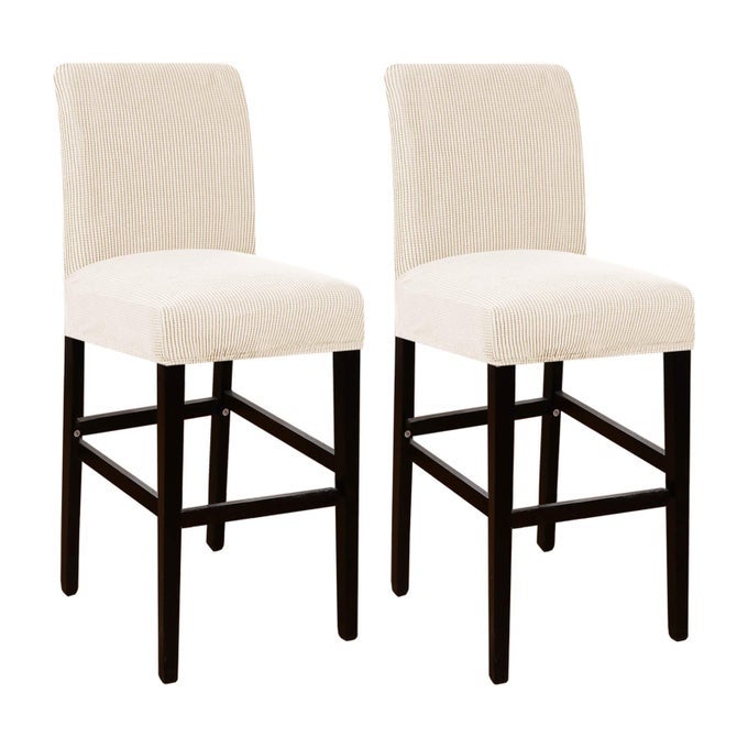 STOOL COVERS DINING CHAIR SEAT COVERS STRETCH JACQUARD FABRIC SLIPCOVER WITH ELASTIC BOTTOM REMOVABLE SET OF 2 BISCOTTI BEIGE