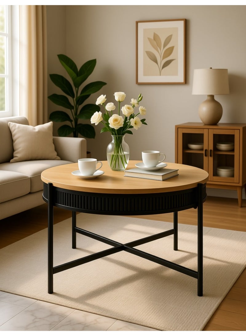 Living Round Wooden Coffee Table with Steel Cross Legs – 80×50 cm - Image 1