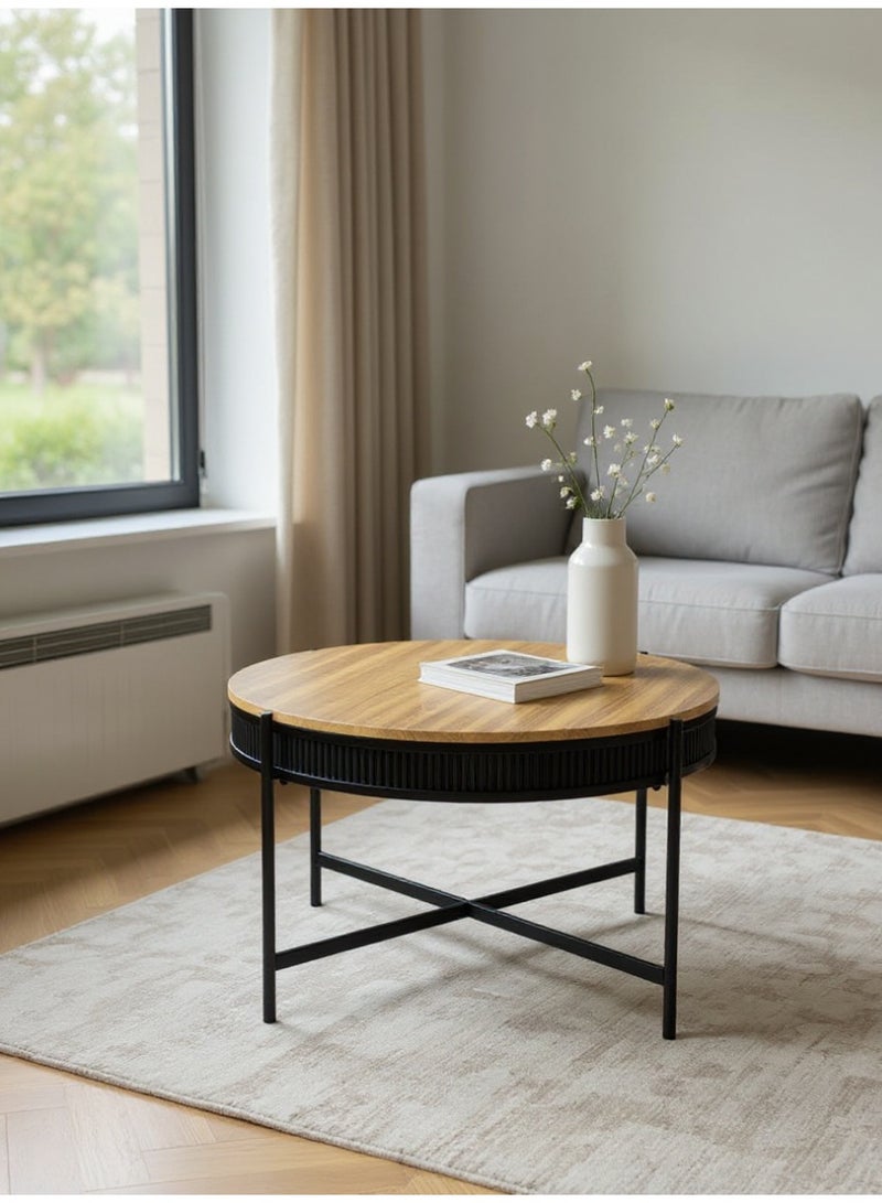 Living Round Wooden Coffee Table with Steel Cross Legs – 80×50 cm - Image 5