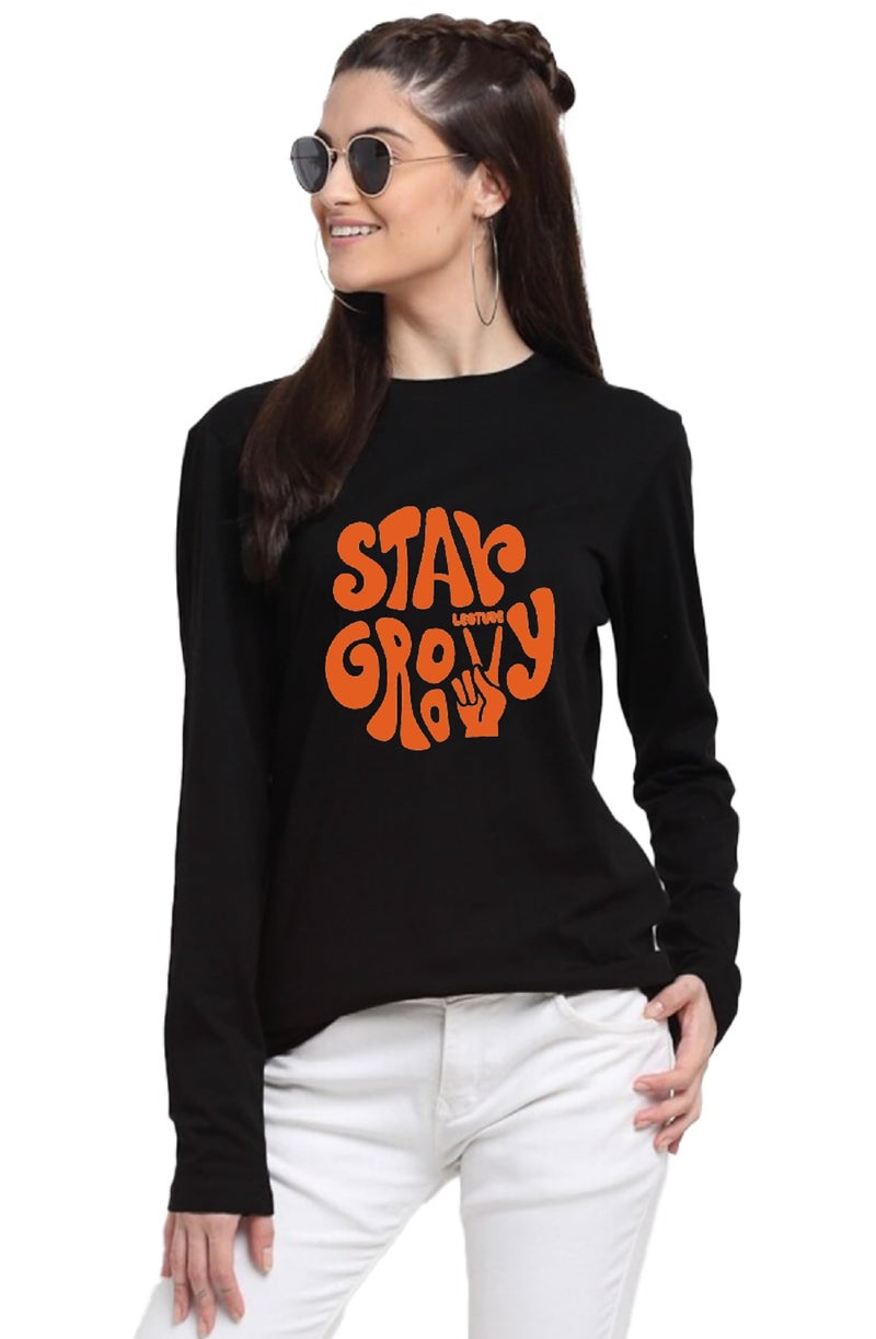 LEOTUDE Women Cotton Blend Boyfriend/Loose Fit Round Neck Full Sleeve T-Shirts (GRL32_Full_Sleeve_P_Black_2XL) - Image 1